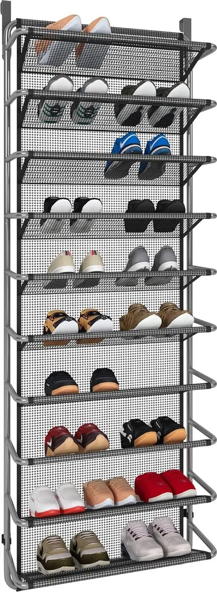 Vasagle Schoenenrek over de deur met 10 niveaus, hangende schoenenkast, metalen schoenenorganizer voor eetkamer, grijs, 55 x 19,5 x 159 cm