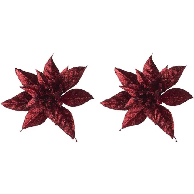 Cosy&Trendy 2x Kerstboomversiering op clip bordeaux/donkerrode glitter bloemen 8 cm- kerstboom decoratie - Donkerrode kerstversieringen Donkerrood