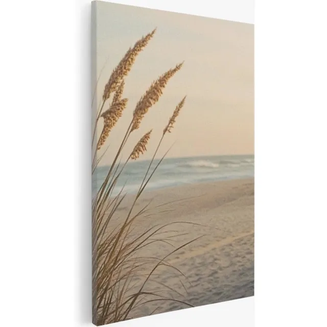 Saammp Canvas Schilderij - Strand met planten - Zee - Duinen - 60x90 - Foto op canvas - Wanddecoratie - muurdecoratie Woonkamer - Slaapkamer decoratie - Canvas Print Multicolor