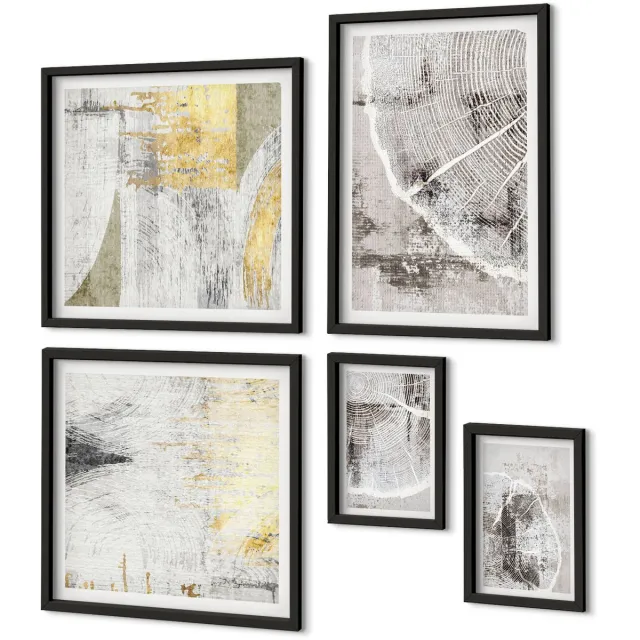 Coloray 5-Delige Schilderij Set - Abstracte Patronen En Texturen In Neutrale Tinten - 50 x 50 cm, 20 x 30 cm En 40 x 60 cm - Moderne Wanddecoratie - Slaapkamer - Muurdecoratie Zwarte lijst