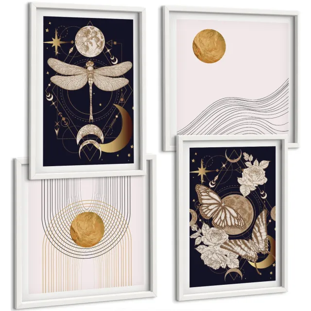 TULUP 4-Delige Schilderij Set - Natuurthema's met de maan, de ruimte en bloemen. - 40x40 en 40x60 - Moderne Wanddecoratie - Woonkamer Witte lijst