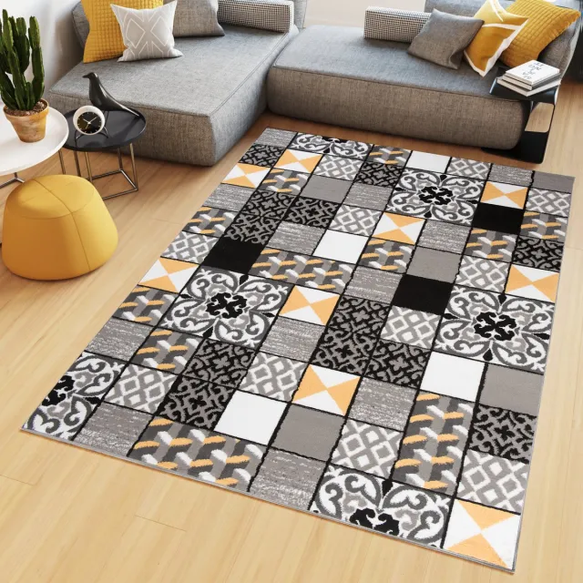 Tapiso Maya Vloerkleed Grijs Modern Woonkamer Kleed Tapijt Maat- 200x200 Zwart Grijs Geel 2
