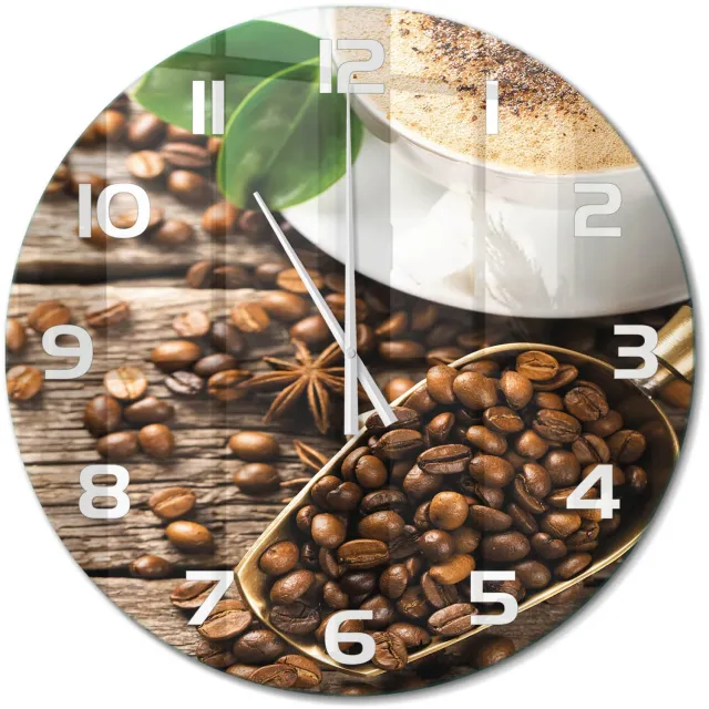TULUP Wandklok - Koffie Klok Glas Met Opdruk - fi60 cm - Bruin Moderne Wandklok Glas - Witte handen - Ronde Klok - Decoratieve Glazen Klok - Glazen Wandklok Design