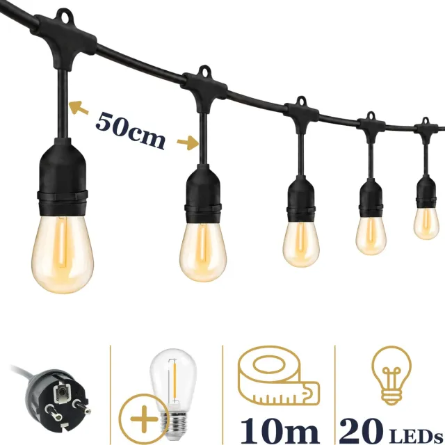 Odaily Lichtsnoer voor Buiten - 10 Meter - 20 LED Lampen - Warm Wit Licht - IP65 - Horecakwaliteit