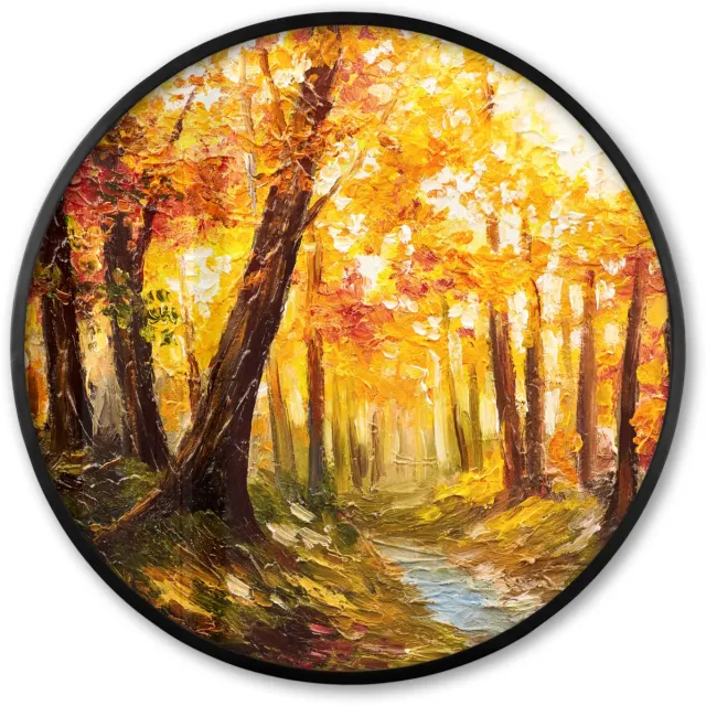 FrameYourWall Poster in lijst Rond - Fotolijst 60x60 cm - Posters - Schilderij - Herfst - Bos - Olieverf - Ronde posterlijst zwart - Decoratie - Wanddecoratie woonkamer - Muurdecoratie slaapkamer Multicolor