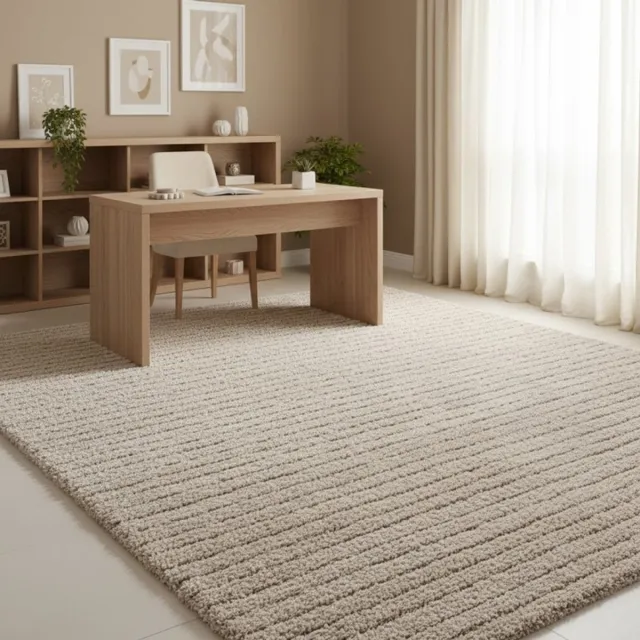 TapisTrend Harig tapijt Beige hoogpolig vloerkleed met fijne horizontale strepen en een textuur voor de woonkamer en slaapkamer