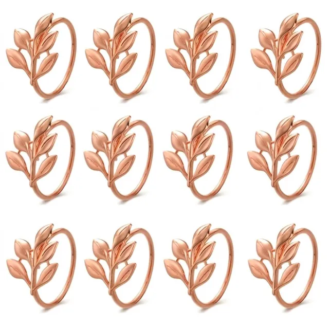NUVEX Rosékleurige servetringen set van 12 stuks – metalen servet ringen met decoratief blad ontwerp – ronde servethouders met tak en bladeren voor eettafel bruiloft diner feest banket en tafeldecoratie