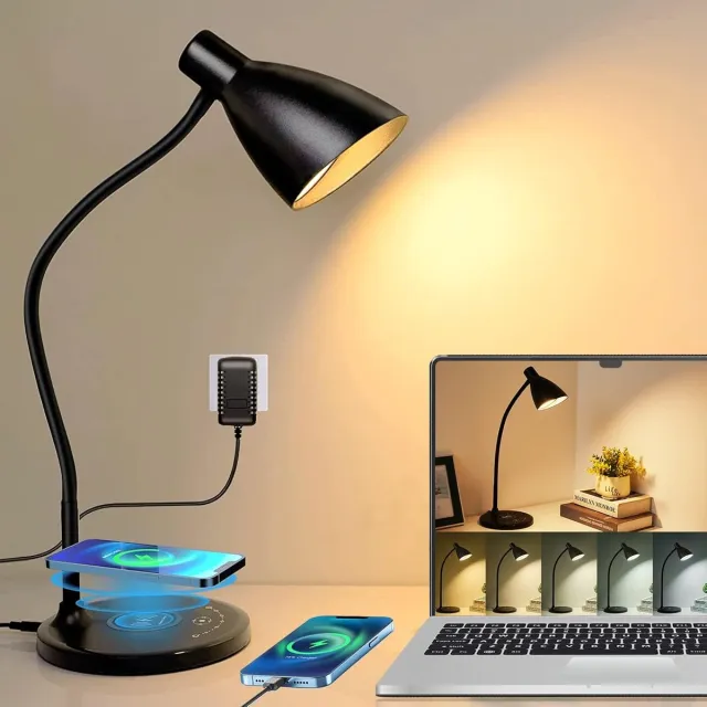 Lampen District Bureaulamp met draadloze telefoon oplader - 5 verlichtingsmodes & 7 helderheidsniveaus - Zwanenhals - Tafellamp slaapkamer zwart