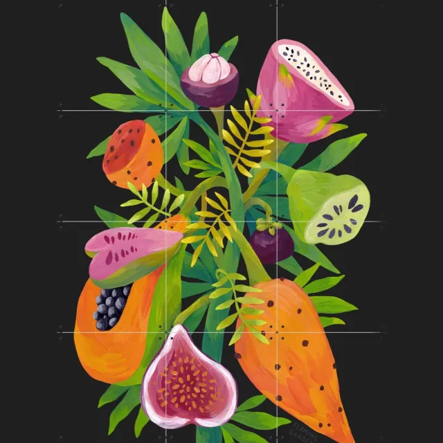 IXXI Exotic Fruits black, Flaming Garden - 60 x 80 cm - Grote wanddecoratie en posters - Digitale Kunst, Kleurrijk, Speels, Illustraties, Woonkamer Groen