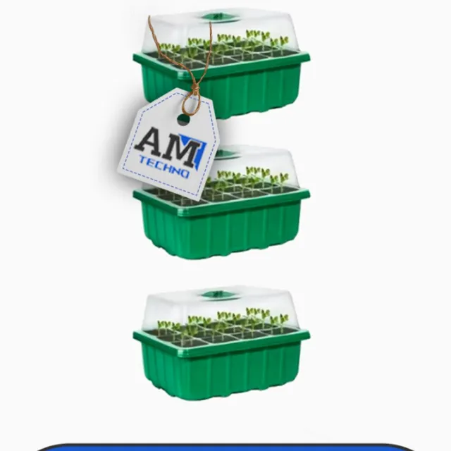 AMtechno 3 Stuks Zaad Starter Bakken met Koepel en Basis - 12 Gaten X 10 Stuks, Verstelbare Vochtigheid, Lichtgewicht Plastic Planten Kweekset voor Kas en Tuin, Binnen/Buiten Gebruik, Geen Elektriciteit Vereist, Klassiek Ontwerp, Tuinieren Planten groen
