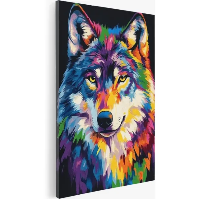 Saammp Canvas Schilderij - Abstract - wolf - Kleurrijk - Natuur - Dieren - 80x120 - Foto op canvas - Wanddecoratie - Muurdecoratie Woonkamer - Slaapkamer decoratie - Canvas Print Multicolor