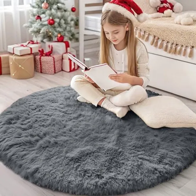Homaxy Woonkamerkleed - Kunstbont Vloerkleed- Hoogpolig- Pluizig En Zacht Klein Tapijt- 122x122 cm -Rond - Grijs