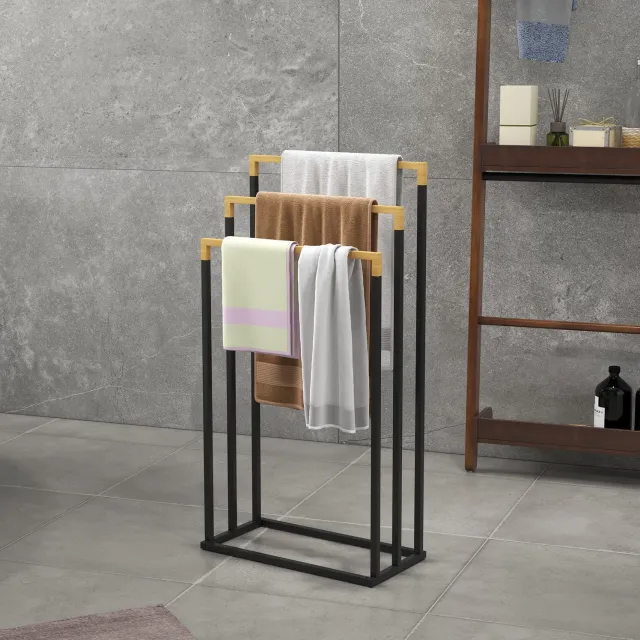 WUVRIE Staand handdoekenrek 45x22,5x86 cm - 3 stangen van bamboe en staal - Zwart