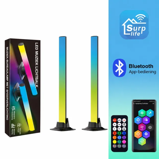 Ryoudavell RGB LED Lichtbalk Set van 2 - Smart Gaming Sfeerverlichting met Muziek Sync - Bluetooth App en Afstandsbediening - 300° Dimbare Kleuren Bureau Lamp voor TV, PC Setup en Slaapkamer - USB met Meerdere Scènes
