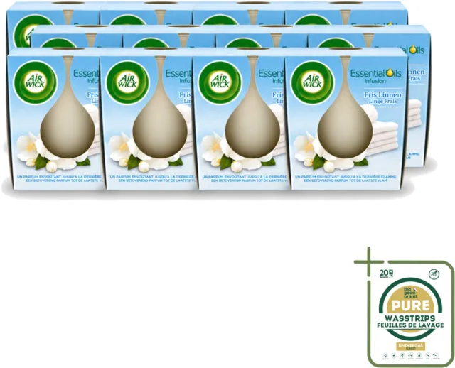 Air Wick 12 x Air Wick – Geurkaars – Fris Linnen met Essentiële Oliën – 105 g - Wasstrips - Geurkaars - Fris Linnen - Essentiële Oliën - Sfeer In Huis - Warme Sfeer Wit