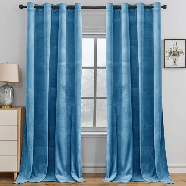 Unyqoos Set van 2 moderne fluwelen verduisteringsgordijnen met geluidsisolatie 140 x 175 cm lichtblauw