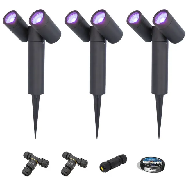 HOFTRONIC SMART Set van 3 Pinero - Dubbel Smart LED Prikspot - IP65 - 11W 800lm - RGBWW - GU10 - Wifi + Bluetooth - IP65 - Bestuurbaar via app - Google Home, Amazon Alexa en Siri - Zwart - Tuinspots - Inclusief installatiemateriaal (Kabel & connector)