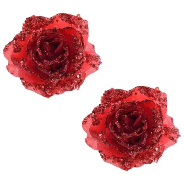 Decoris Kerstboomversiering Bloem - 4x stuks - 14 cm - rood - op clip - ornament - roos