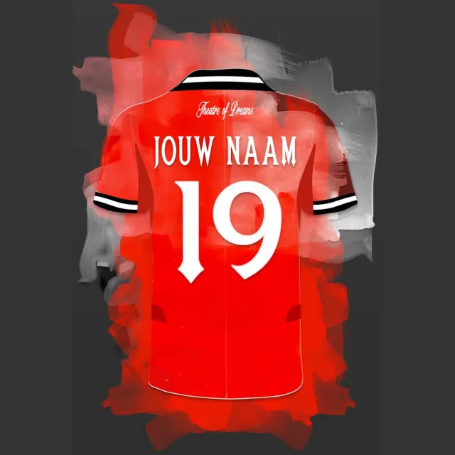 Manchester United 2025-2026 ingelijste poster met personalisatie - Met eigen naam en rugnummer - A4 formaat - 21x29.7 cm - Semi/ glossy papier - Voetbal shirt poster - Geïnspireerd op de kleuren van Manchester United en een beetje fantasie Donkergrijze achtergrondkleur