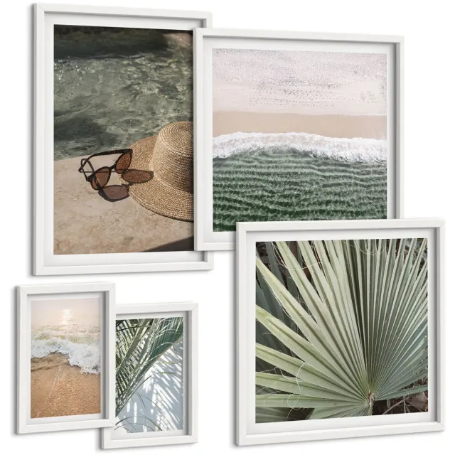 Coloray 5-Delige Schilderij Set - Stijlvolle Vakantiethema'S Om Te Ontspannen Aan Het Water - 50 x 50 cm, 20 x 30 cm En 40 x 60 cm - Moderne Wanddecoratie - Slaapkamer - Muurdecoratie Witte lijst