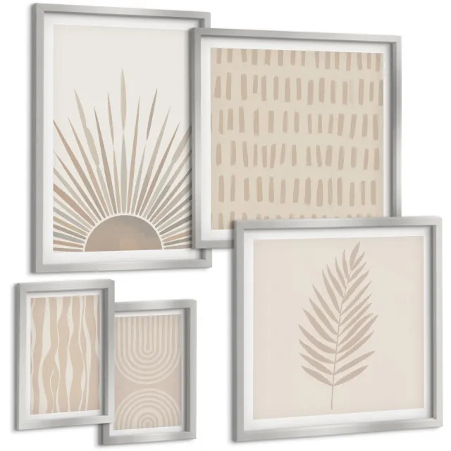 TULUP 4-Delige Schilderij Set - Stijlvolle decoraties in natuurlijke tinten en geometrische patronen. - 50 x 50 cm, 20 x 30 cm en 40 x 60 cm - Wanddecoratie - Muurdecoratie - Woonkamer Zilveren lijst