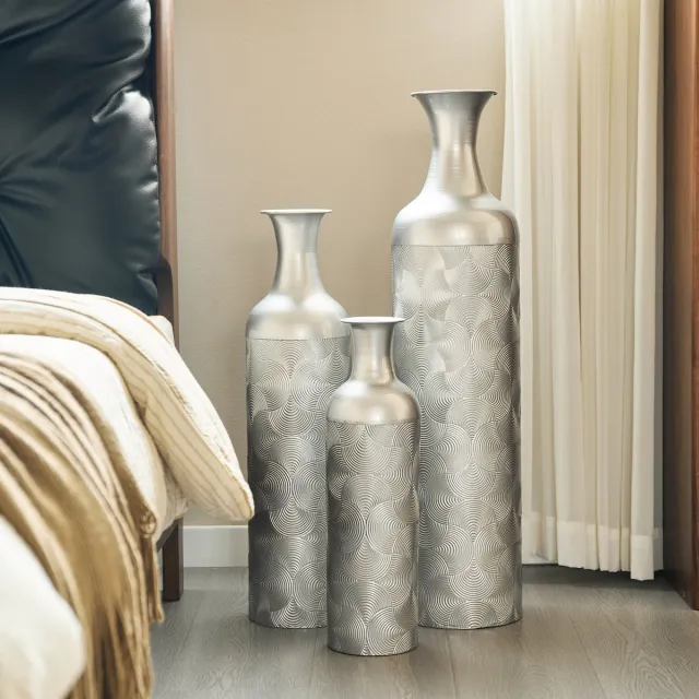 STILVORA Vaas – 3-Delige Set 50 66 83 cm – Met Golvend Reliëf – Metaal – Zilver – Voor Droogbloemen En Siergrassen in Woonkamer Of Hal Silver