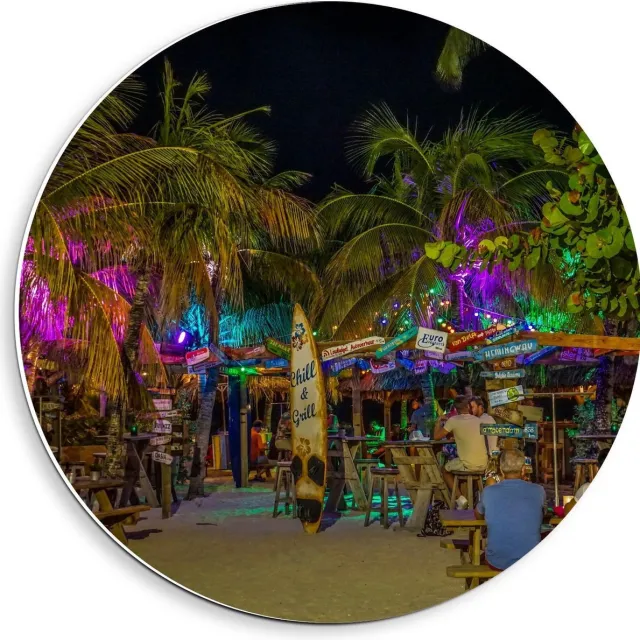 KuijsFotoprint Forex Wandcirkel - Beachclubje in de Nacht - 40x40cm Foto op Wandcirkel (met ophangsysteem) Blauw
