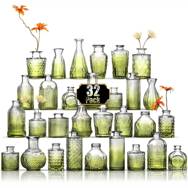 Imperatoris Glazen Vazen / Glazen Flessen – Mini Decoratieve Vaas Flesjes – Helder Glas – Inclusief Strik – 32 Stuks – 6.8 x 6.8 x 11 cm – Groen