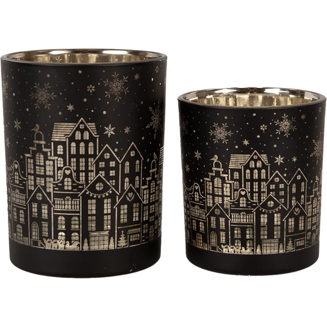 Clayre & Eef Theelichthouder Set van 2 Ø 9x10 / Ø 10x12 cm Zwart Glas Huizen