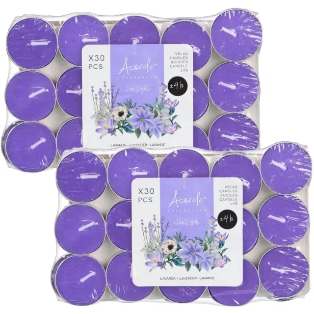 Acorde theelichtjes - lavendel geur - 60x - paars - waxinelichtjes/geurkaarsen - 3 branduren Lavender paars