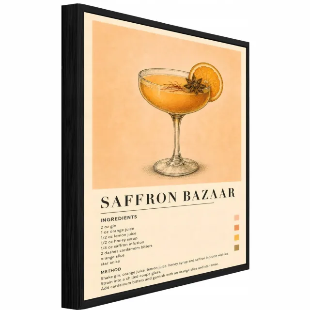 WALLARENA Schilderij op canvas met zwarte lijst - 120x80 cm - Saffron Bazaar cocktailrecept in retrostijl - voor keuken en thuisbar Beige