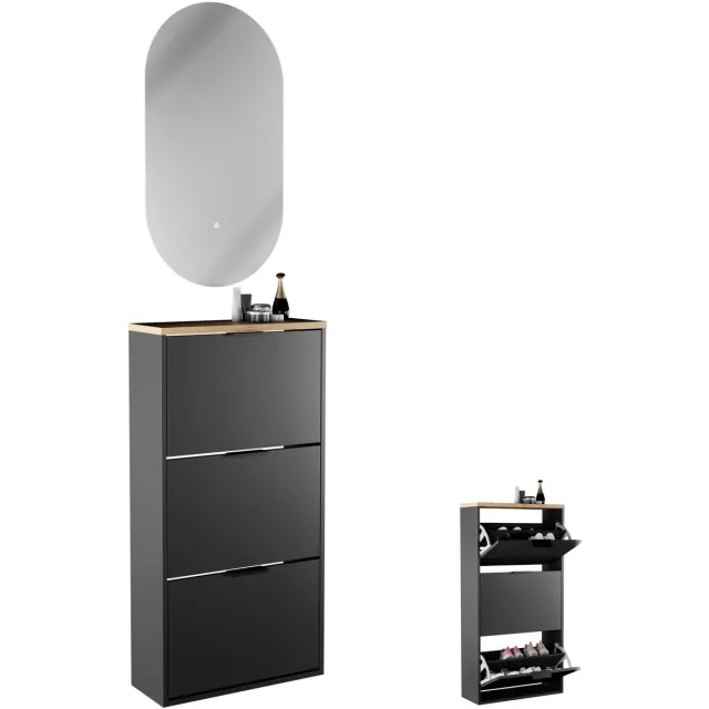 Planetmöbel STIVIO - Schoenenkast 60 cm met LED-spiegel - Goud eiken - 3 kleppen - 2-delig 3 kleppen. Zwart