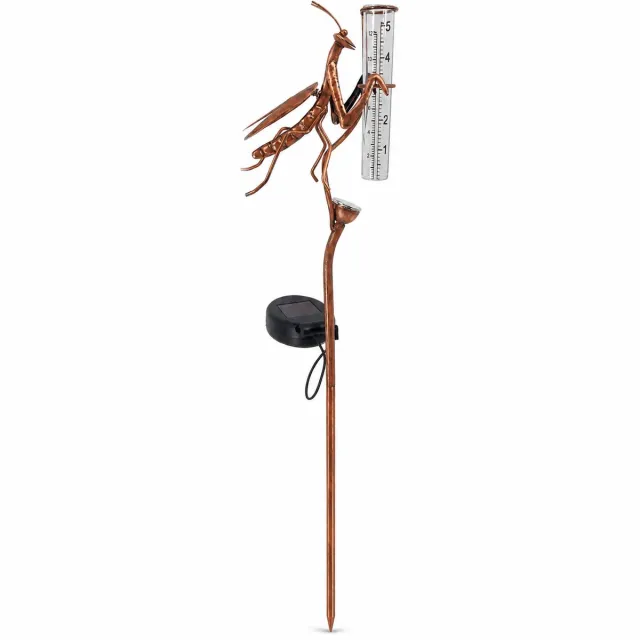Bobypet Regenmeter - Solar Regenmeter op Zonne-energie - Glazen Vorstbestendige Regenmeter met Metalen Grondpen en LED Verlichting - Tuindecoratie met Bidden Sprinkhaan - 12 cm