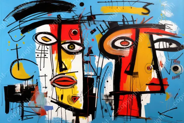 John Joseb Art (Aluminium) 120x80 | Man vrouw en hond, abstract in Herman Brood stijl, kleurrijk, felle kleuren, kunst, woonkamer slaapkamer | dier, mens, bruin, rood, blauw, modern | foto-schilderij op dibond, metaal wanddecoratie Aluminium, dikte 3 mm