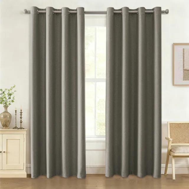 Famanu Thermo-verduisteringsgordijn, set van 2 stuks, linneneffect, 140 x 180 cm, donkerbeige, isolerend tegen kou en hitte voor een gezellige sfeer