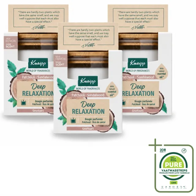 Kneipp 3 x Kneipp - Geurkaars - Deep Relaxation - Sandelhout & Patchouli - 20 branduren - Grootverpakking - Vaatwasstrips - Geurkaars - Ontspanning - Sandelhout - Patchouli - Wellness Wit