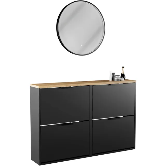 Planetmöbel STIVIO - Schoenenkast 60 cm - Zwart - Set van 2 met 2 kleppen - LED-spiegel VELUNA ⌀ 60 cm 2 kleppen, Zwart, Veluna 60 cm
