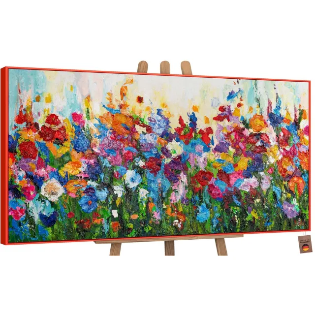 Canvas schilderij groot handgeschilderd bloemenkleuren botanisch uitbundig – YS-Art Gallery – Vrolijke wanddecoratie voor woonkamer – Modern schilderij voor slaapkamer en hal rood