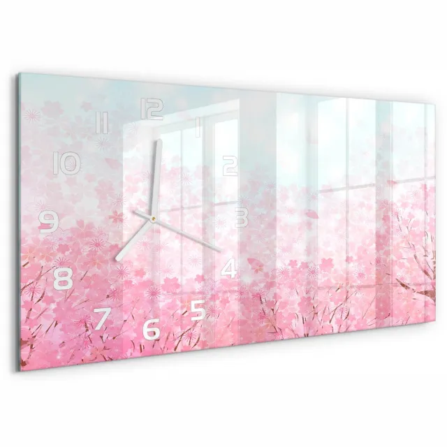TULUP Wandklok - Kersenbloesem Wandklok Glas Decoratie - 60x30 cm - Roze Gekleurde Glazen Klok - Witte handen - Rechthoekige Klok - Klok Glas Met Opdruk - Moderne Wandklok Glas