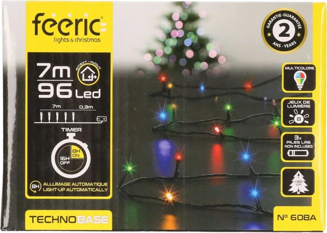 Feeric lights & Christmas Feeric lights feestverlichting lichtsnoer - gekleurd - 7 m- 96 led lampjes - zwart snoer - batterij