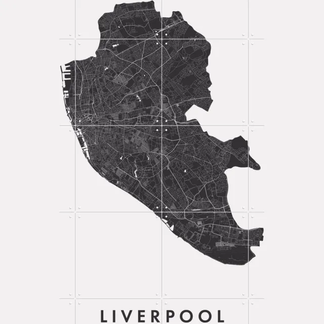 IXXI Liverpool City Map, Kunst in Kaart - 80 x 100 cm - Grote wanddecoratie en posters - Abstract, Grafisch Ontwerp, Minimalisme, Woonkamer Zwart / Monochroom / Zwart en wit