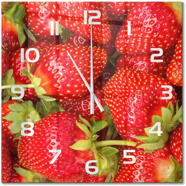 TULUP Wandklok - Aardbeien Glazen Klok Met Print - 60x60 cm - Rood Wandklok Glas Met Motief - Witte handen - Vierkante Klok - Wandklok Glas Decoratie - Gekleurde Glazen Klok