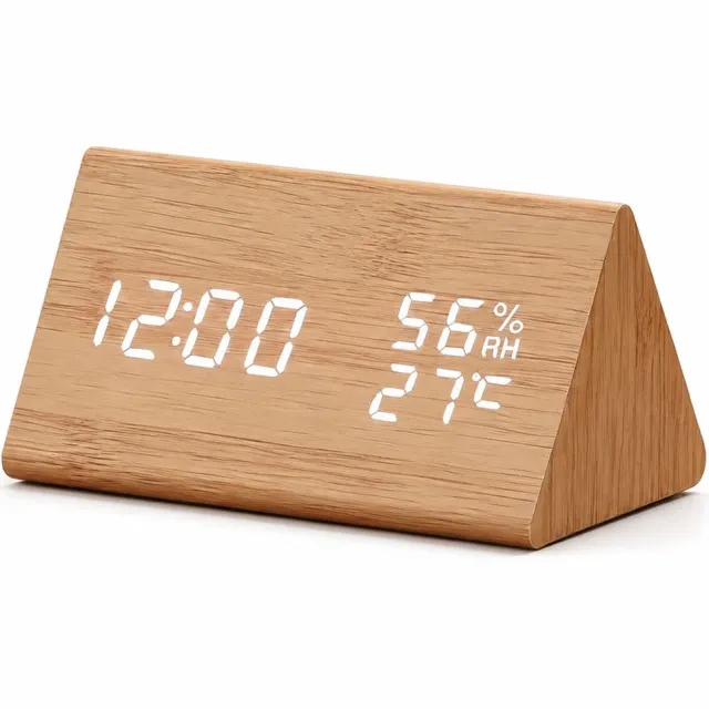 VHV Digitale Houten LED-klok - Wekker met Dubbel Display - Temperatuur en Datum - 3 Alarmen en Dimbaar - Stille Tafelklok voor Slaapkamer en Kantoor Wit