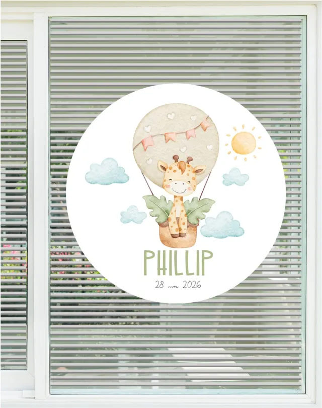Studio Jitske Raamsticker 80cm Raambord Geboortebord geboorte aankondiging Giraffe in luchtballon Multi colour