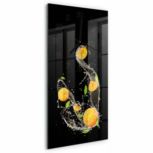 TULUP Wandklok - Abrikozen en water Decoratieve Glazen Klok - 30x60 cm - Oranje Glazen Wandklok Design - Zwarte handen - Rechthoekige Klok - Glazen Klok Met Print - Wandklok Glas Met Motief