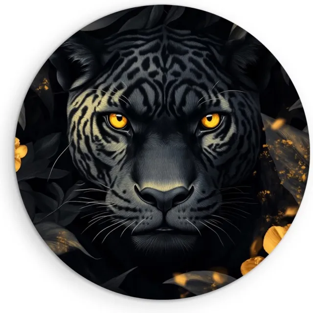 Saammp Forex Muurcirkel - Zwarte Panter met goude bloemen- Natuur - Dieren - Ø 60 - Wandcirkel - Wanddecoratie Cirkel - Muurdecoratie Woonkamer - Slaapkamer decoratie - Rond Schilderij