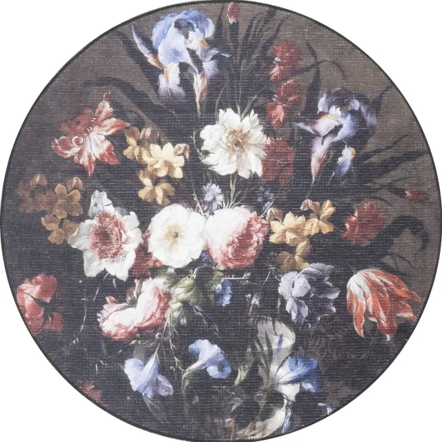 Veer Carpets Vloerkleed Ramos Rond ø120 cm - Laagpolig Synthetisch Vloerkleed – Botanisch / Bloemen Design Zwart