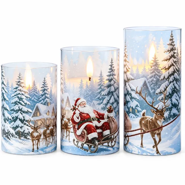 SWGOTA led kaarsen, set van 3 met kerstman en winterprint, cilinders in verschillende hoogtes, warm ledlicht, op batterijen, zonder batterijen Bruin