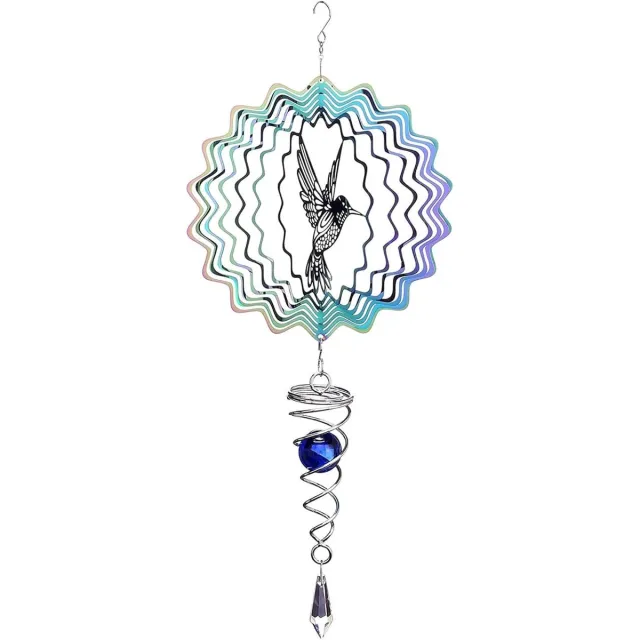 OEMG Kolibrie windspinner, 15 cm iriserend metaal, tuin hangdecoratie met spiraalstaart en blauwe kristalbal