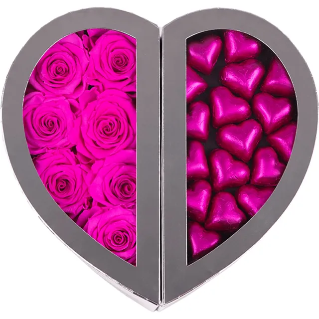 Rosuz Chocolade box Lois donker roze - Rosuz - Longlife rozen met premium chocolade - Direct in huis! Zilver met donker roze